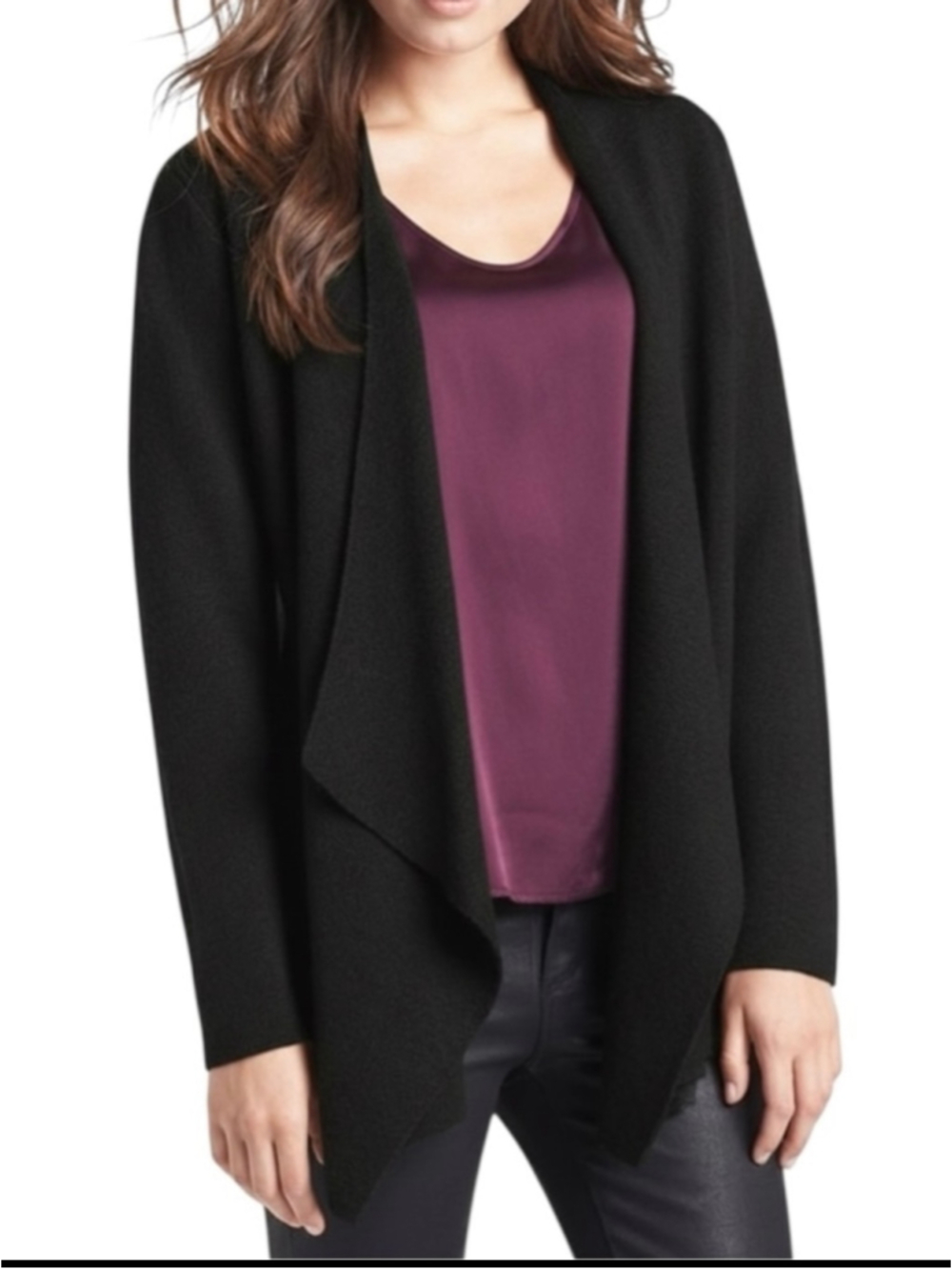 Eileen Fisher Merino Wool Front Angle Cardigan Sweater Black Size Large Petite